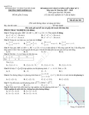 Đề thi môn Toán giữa kì 2 lớp 10 năm 2017 - 2018 Hà Nam