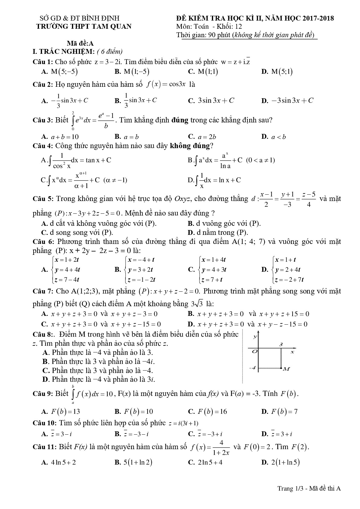 Đề 4: Đề kiểm tra học kỳ 2 Toán 12 năm 2017 – 2018 trường Tam Quan – Bình Định Mã đề A